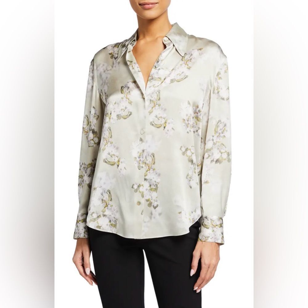 Vince Hazy Blossom long sleeve Sage Green Floral Silk blouse size S $345